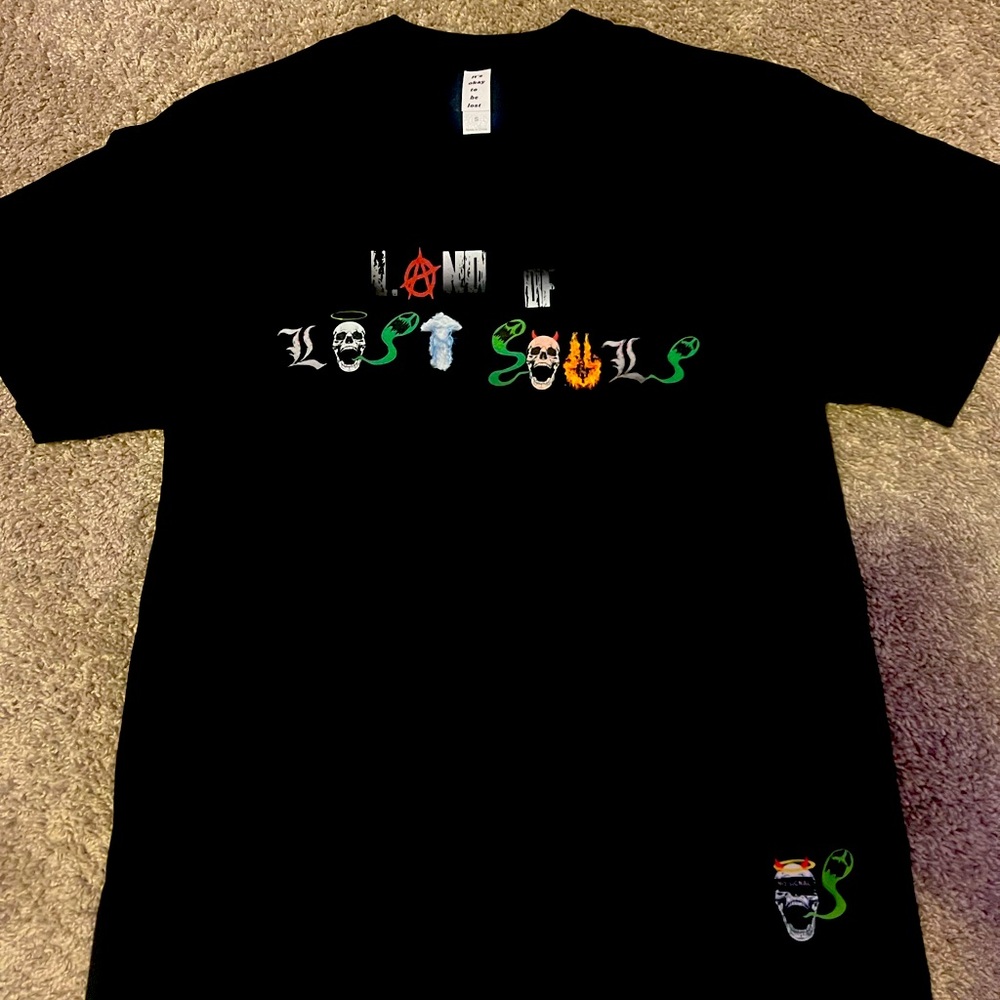 100% Black cotton t-shirt with screen printed design on front and back